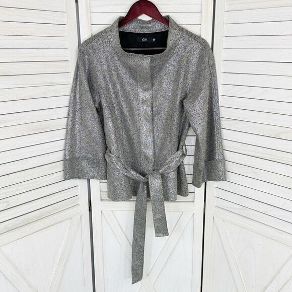 Jon by Teri Jon Open Mock Neck Metallic Belted Topper Jacket Silver Black Size 8 - Picture 16 of 16